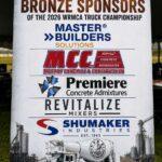 Sponsor banner listing 2026 truck championship bronze sponsors with logos and a cement mixer truck at the bottom, including Master Builders Solutions, MCC, Premier Concrete Admixtures, Revitalize Mixers, and Shumaker Industries.