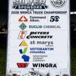 Sponsorship board for 2026 WRMCA Truck Championship listing silver sponsors (Command Alkon, Euclid Chemical, Peters Concrete, St Marys Cement, Votorantim Cimentos, Wisconsin Cement, Wingra) with a cement mixer truck at bottom.